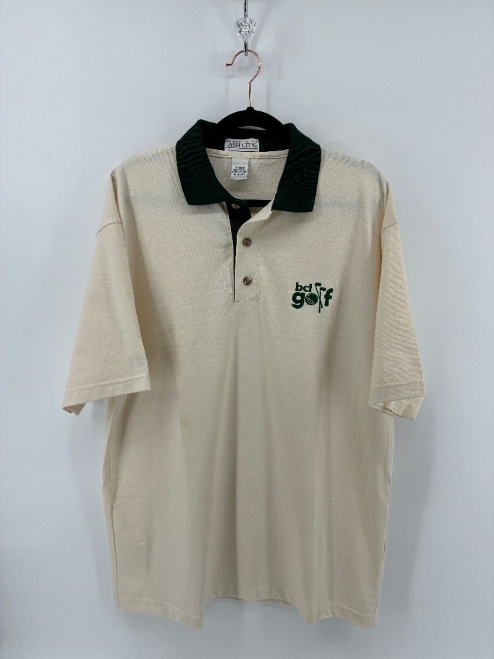 Vintage Ash City bcl golf embroidered Logo Off White Green Details Polo Tee